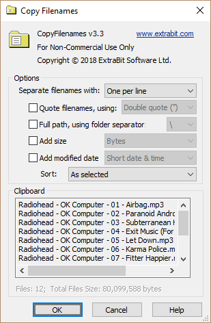 Screenshot showing CopyFilenames options dialog