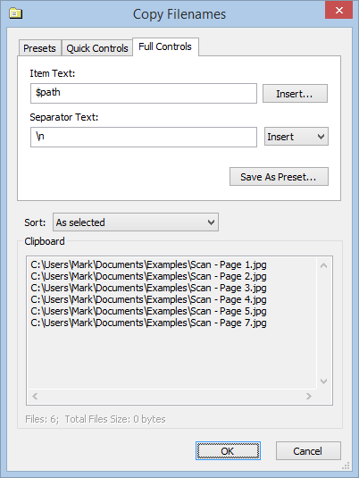Screenshot showing Copy Filenames Options dialog with Full Controls tab selected