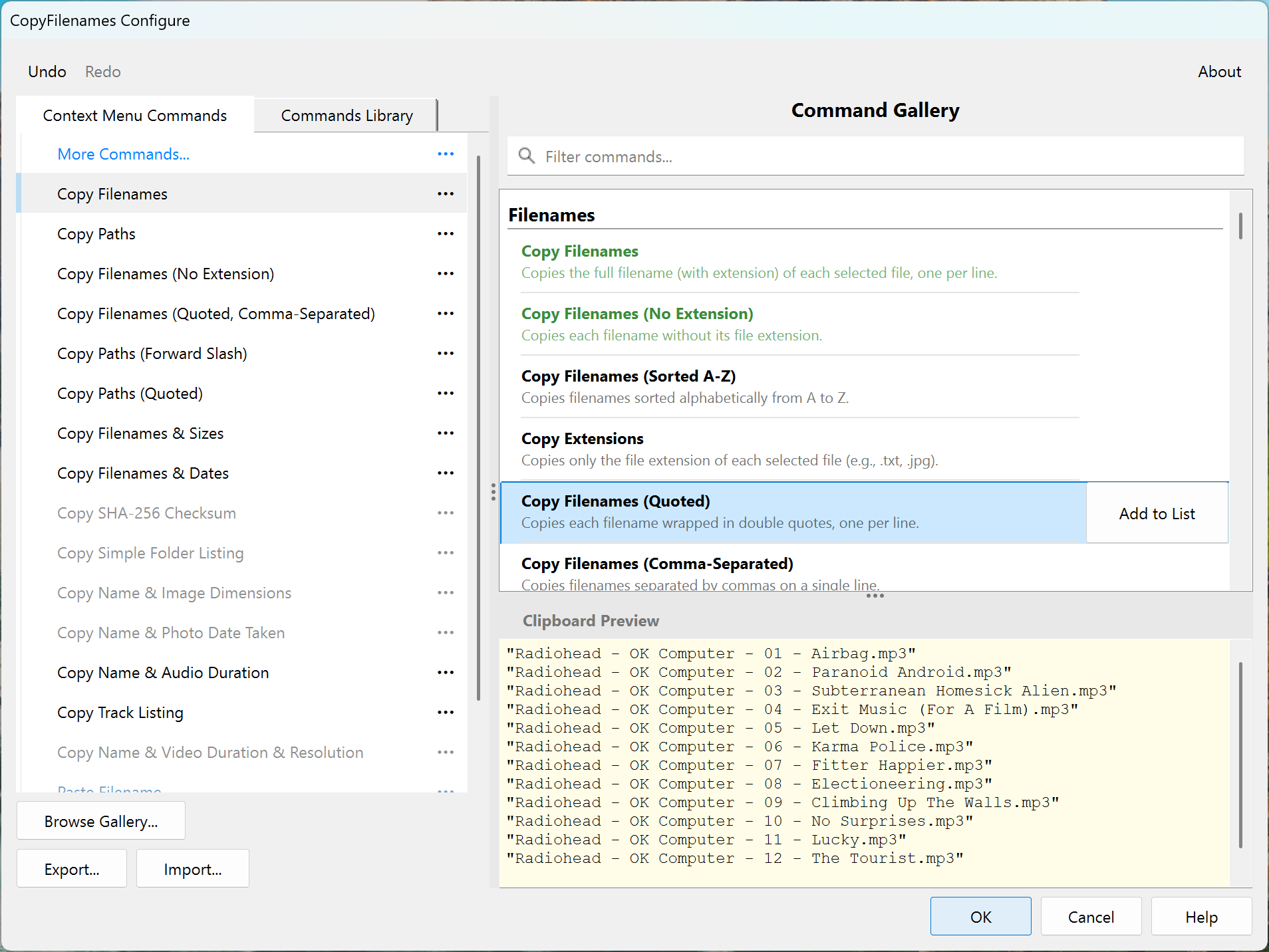 Screenshot showing commands gallery