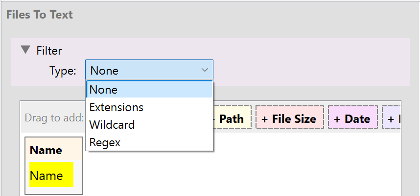Screenshot showing filter types