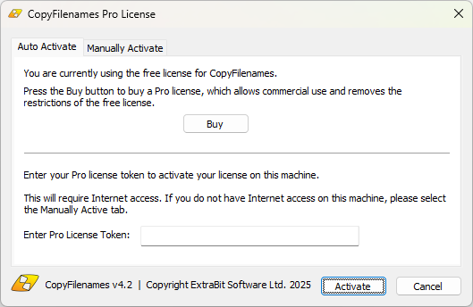 Screenshot of license dialog (auto activate)