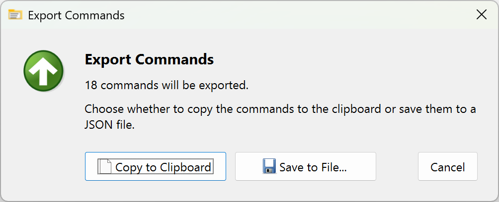 Screenshot showing Export Commands dialog