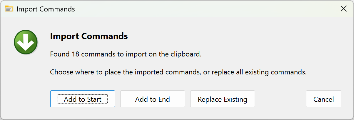 Screenshot showing Import Commands dialog