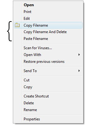 Screengrab of Windows File Explorer right-click context menu showing CopyFilenames commands