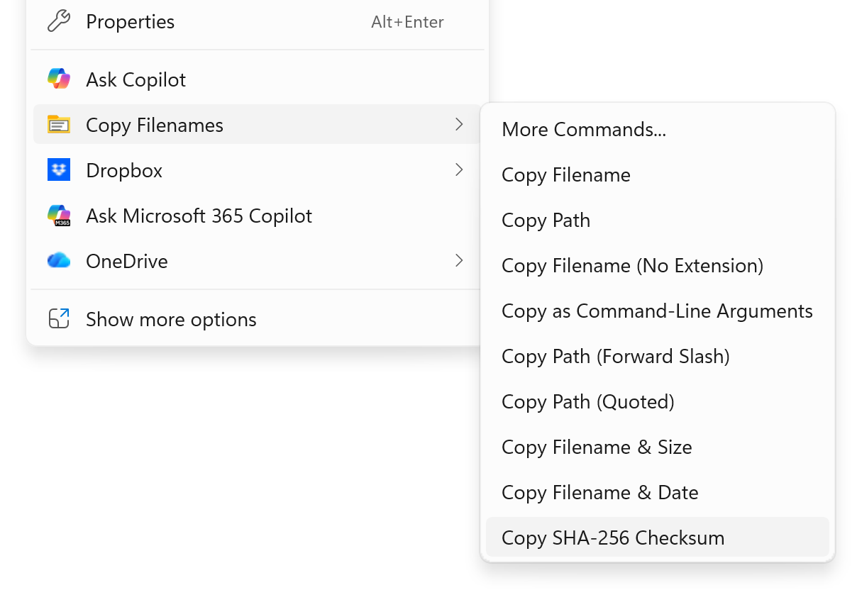 The Windows File Explorer right-click menu with the Copy Filenames sub-menu open, showing Copy SHA-256 Checksum highlighted at the bottom of a list of standard commands including Copy Filename, Copy Path, Copy Filename (No Extension), Copy as Command-Line Arguments, Copy Path (Forward Slash), Copy Path (Quoted), Copy Filename & Size and Copy Filename & Date