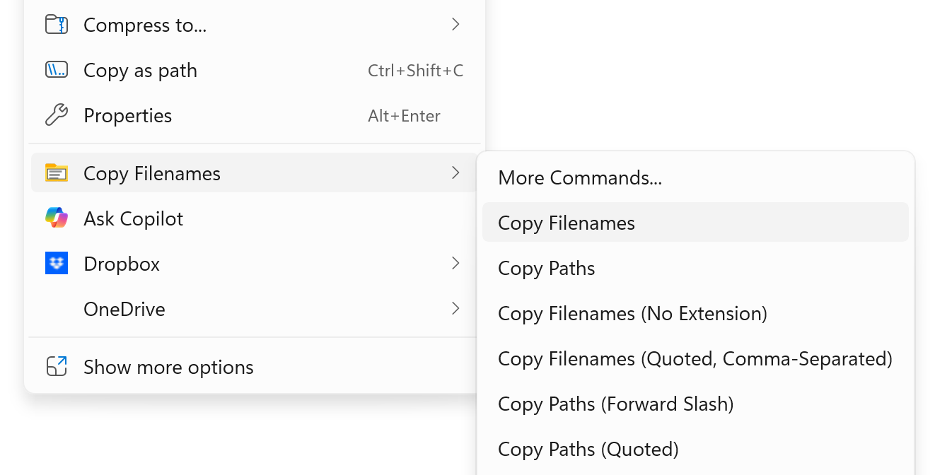 The Windows File Explorer right-click menu with Copy Filenames highlighted, its sub-menu open showing ready-made commands including Copy Filenames, Copy Paths, Copy Filenames (No Extension), Copy Filenames (Quoted, Comma-Separated) and more