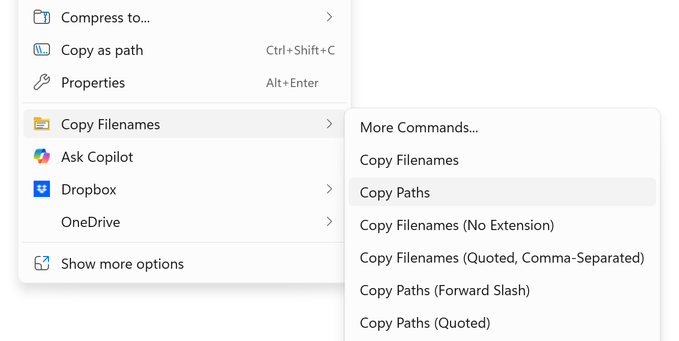 The Windows File Explorer right-click menu with the Copy Filenames sub-menu open, showing Copy Paths highlighted among other ready-made commands including Copy Filenames, Copy Filenames (No Extension), Copy Filenames (Quoted, Comma-Separated), Copy Paths (Forward Slash) and Copy Paths (Quoted)