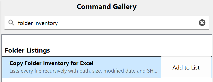 The Command Gallery panel inside CopyFilenames' Configure dialog. The filter box at the top has 'folder inventory' typed into it, narrowing the list to a single match: 'Copy Folder Inventory for Excel' under the Folder Listings category, highlighted in blue with an Add to List button on the right