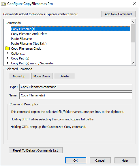 Screenshot showing CopyFilenames Pro configure panel