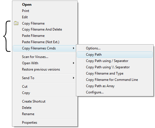 Screengrab of Windows Explorer right-click context menu showing CopyFilenames Pro commands