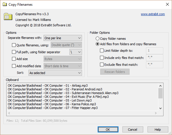Screenshot showing CopyFilenames Pro options panel