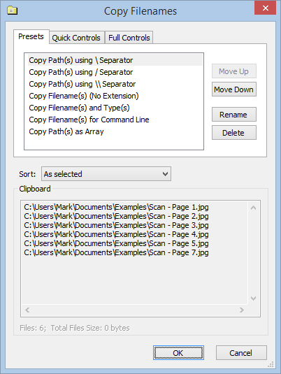 Screenshot showing Copy Filenames Options dialog with Presets tab selected