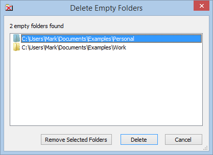 Screenshot showing Delete Empty Folders dialog