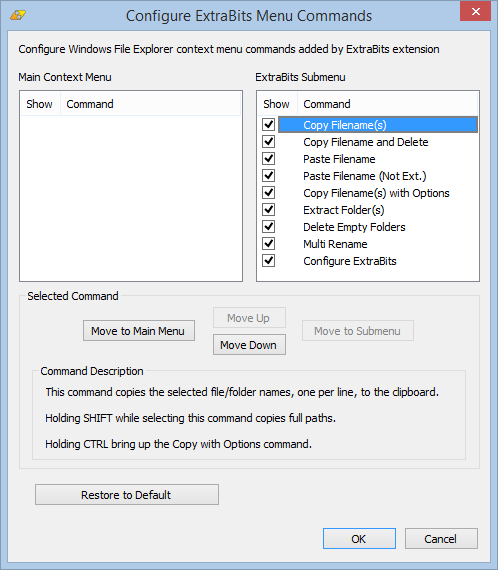 Screenshot showing ExtraBits Configure dialog