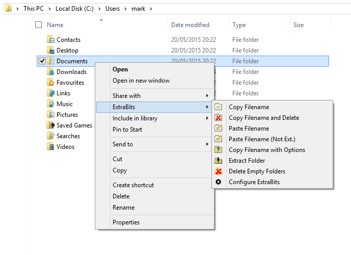 Screenshot of File Explorer context menu with ExtraBits commands added