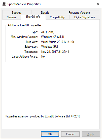 Screenshot showing ExeProperties tab selected in Windows File Explorer properties panel.
