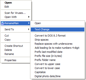 The RenameMan submenu in the Windows File Explorer context menu