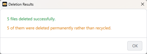 The Deletion Results dialog, after Windows deleted files permanently instead of recycling them