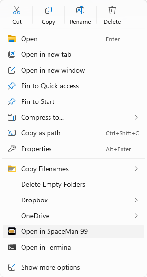 Open in SpaceMan 99, on File Explorer's right-click menu