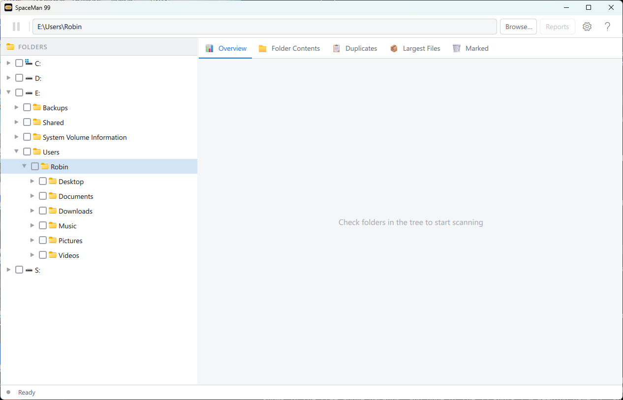 The first start: your user folder selected, and nothing scanned yet