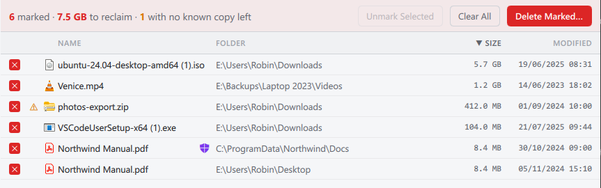The Marked tab, with the last copy of one file, and a file in a protected folder