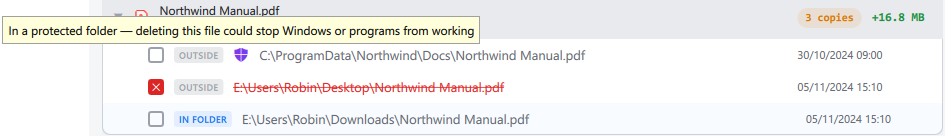 A copy in a protected folder, with the shield's tooltip
