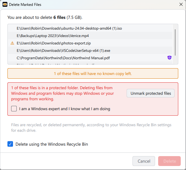 Confirming a delete that includes the last copy of a file and a file in a protected folder