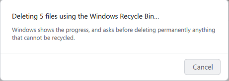 A Recycle Bin delete under way: Windows shows its own progress and questions