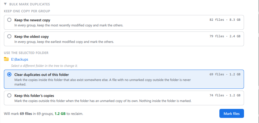 The Bulk Mark Duplicates panel, with a folder rule chosen