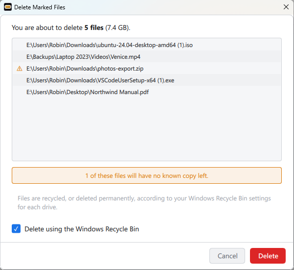 Confirming a delete, with the Recycle Bin option ticked