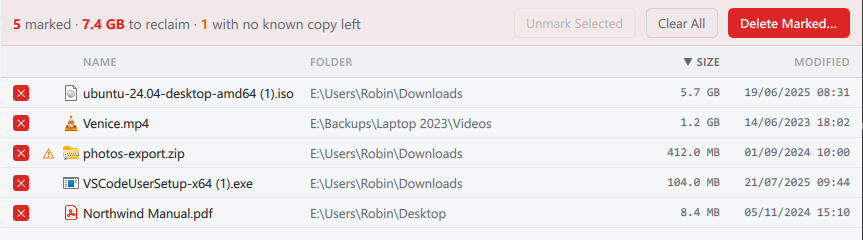 The Marked tab, with one file flagged as the last known copy