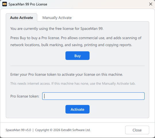 The SpaceMan 99 Pro License dialog