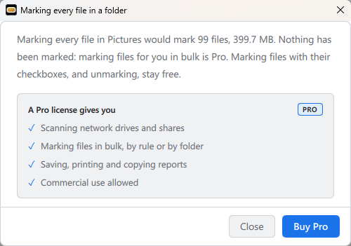 What a free user sees on choosing Mark all in folder