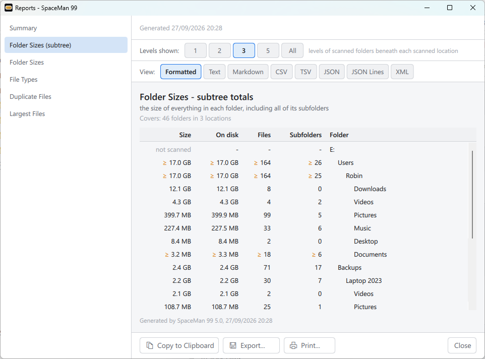 The Reports window, showing Folder Sizes (subtree)