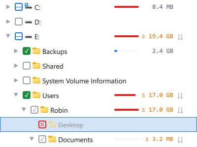 The five checkbox states in the folder tree