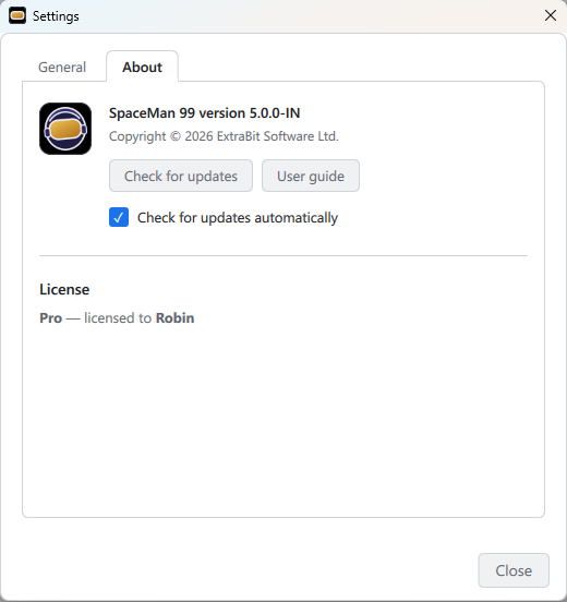 Settings, About tab
