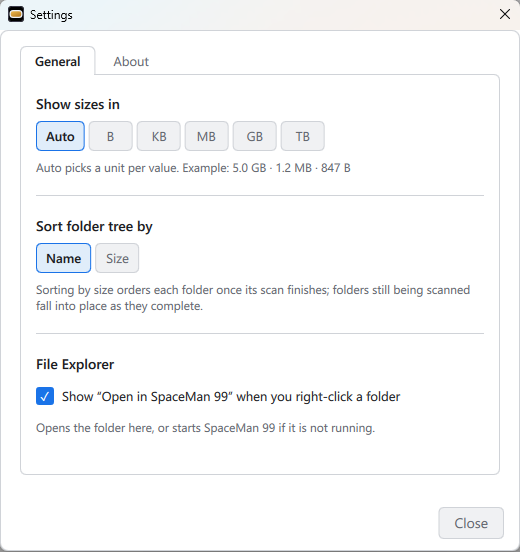 Settings, General tab