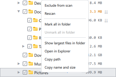 The folder tree's right-click menu